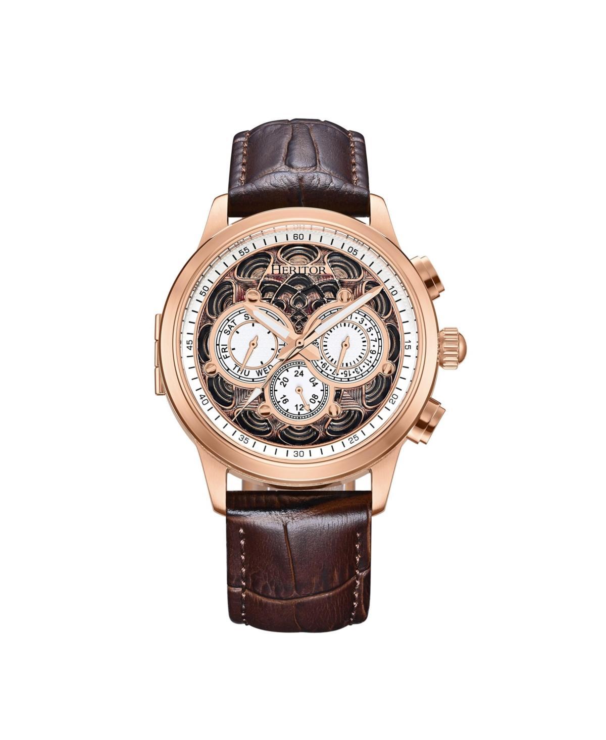 Heritor Automatic Men Apostle Leather Strap Watch w/ Day/Date - Gold Gold/brown Product Image