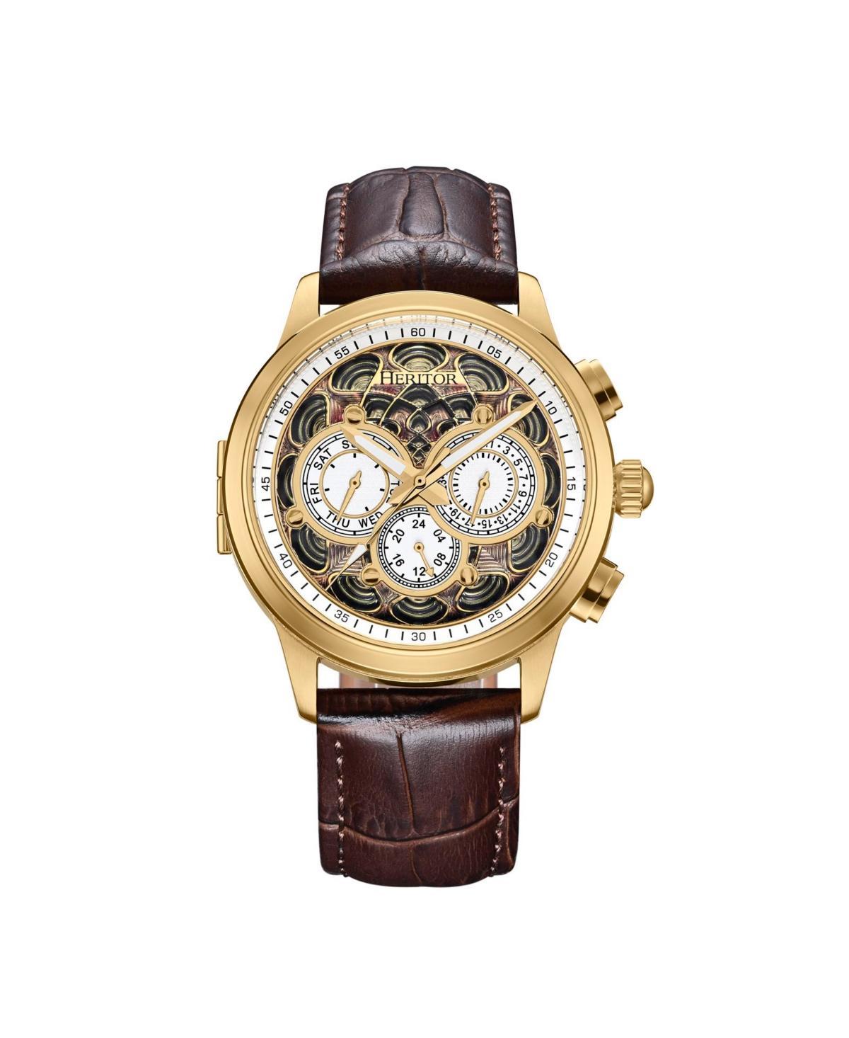 Heritor Automatic Men Apostle Leather Strap Watch w/ Day/Date - Gold Gold/brown Product Image