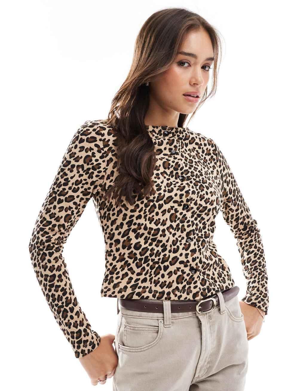 ASOS DESIGN leopard print waffle cardigan brown Product Image