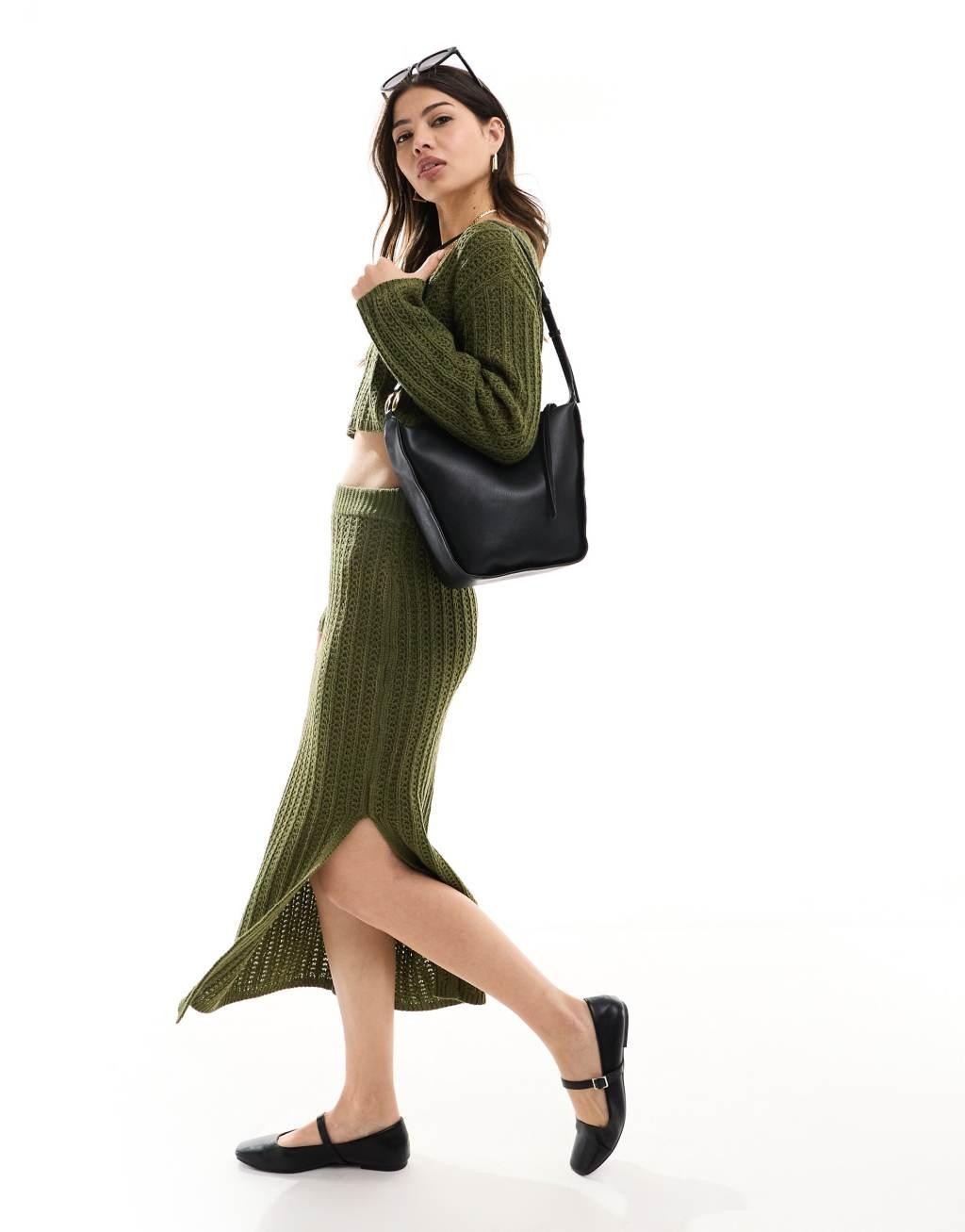 ASOS DESIGN knit midi skirt in open stitch in khaki - part of a set Product Image