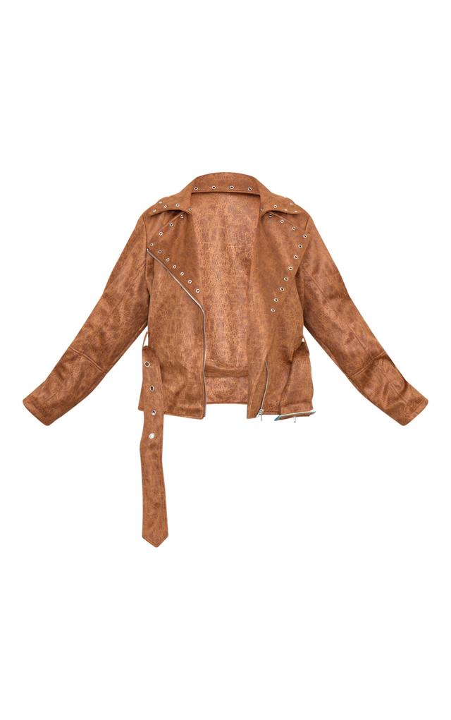 Plus Brown Washed Faux Leather Hardware Detail Belted Jacket Product Image