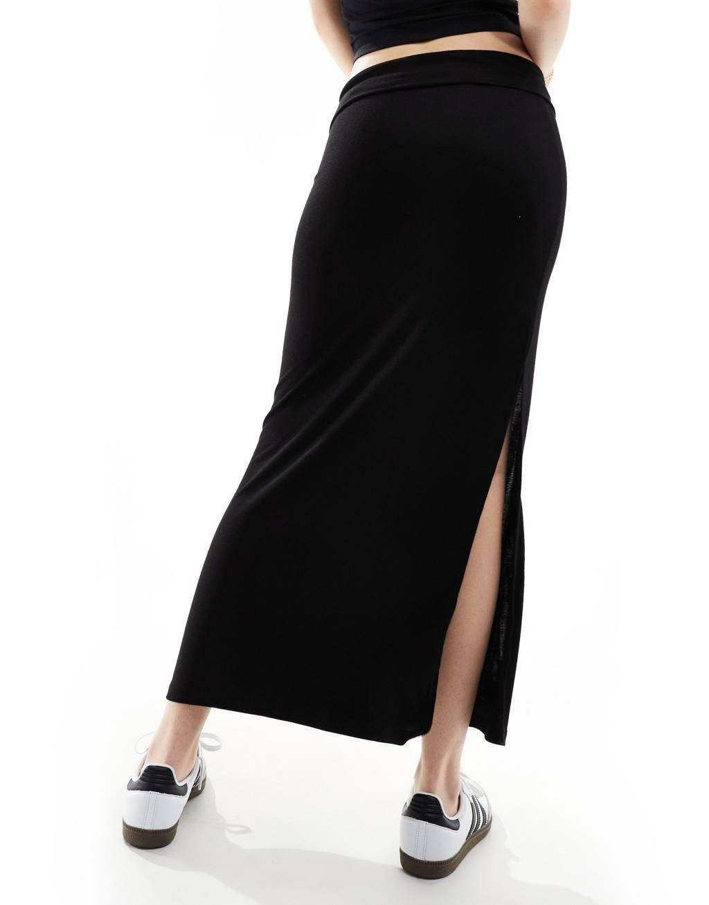 Stradivarius STR fold over waist midi skirt with side slit in black Product Image