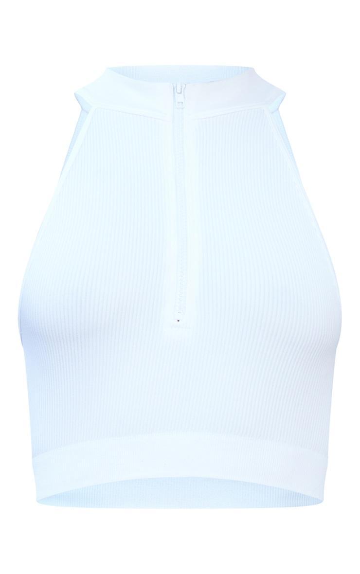 White Snatched Rib High Neck Zip Crop Top Product Image