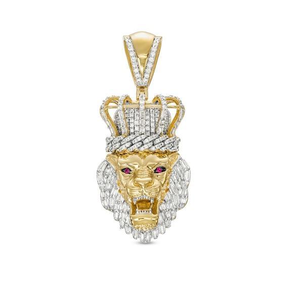 Men's 3/4 CT. T.w. Diamond and Lab-Created Ruby Lion with Crown Charm in 10K Gold Product Image