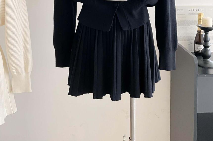 Set: V-Neck Plain Cardigan + High Waist Pleated Mini A-Line Skirt Product Image