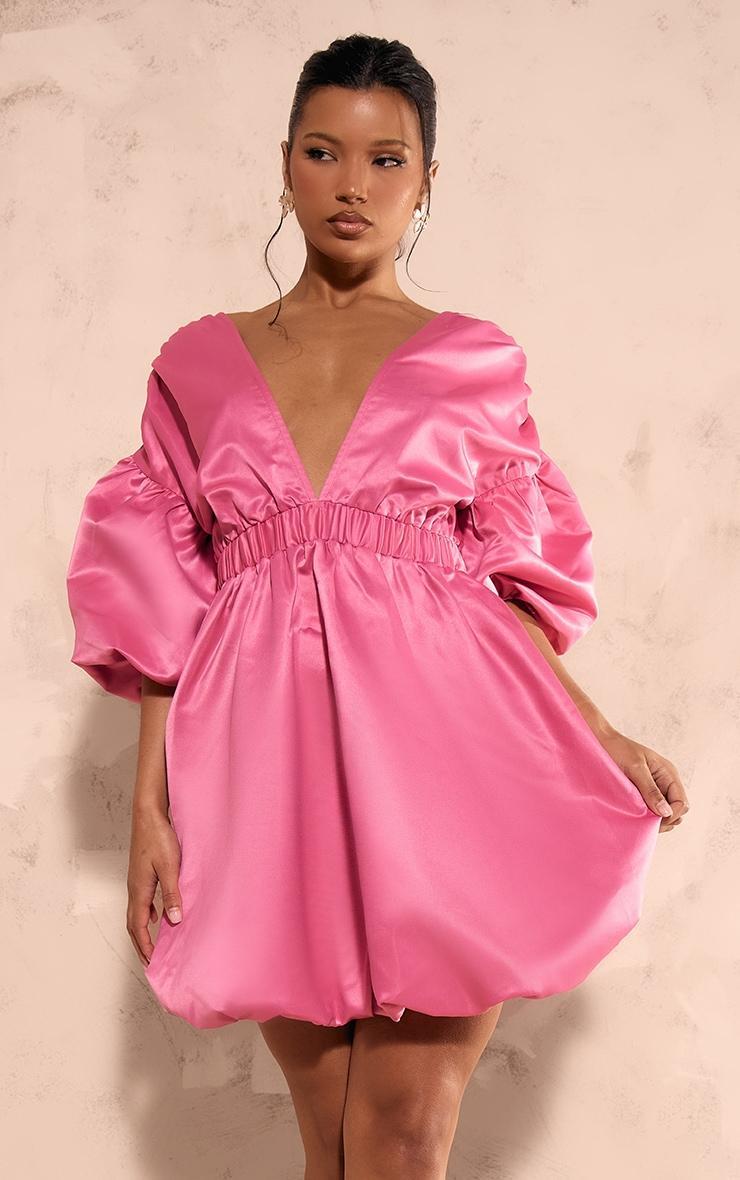 Bright Pink Puff Sleeve Puffball Hem Shift Dress Product Image