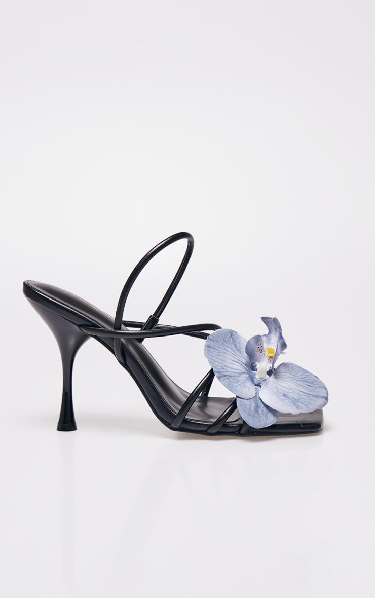 Black PU Blue Flower Strappy Sling Back Heeled Sandals Product Image