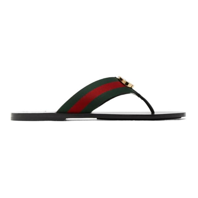 GUCCI Logo-embellished Striped Webbing And Leather Flip Flops In Green Red Black Product Image