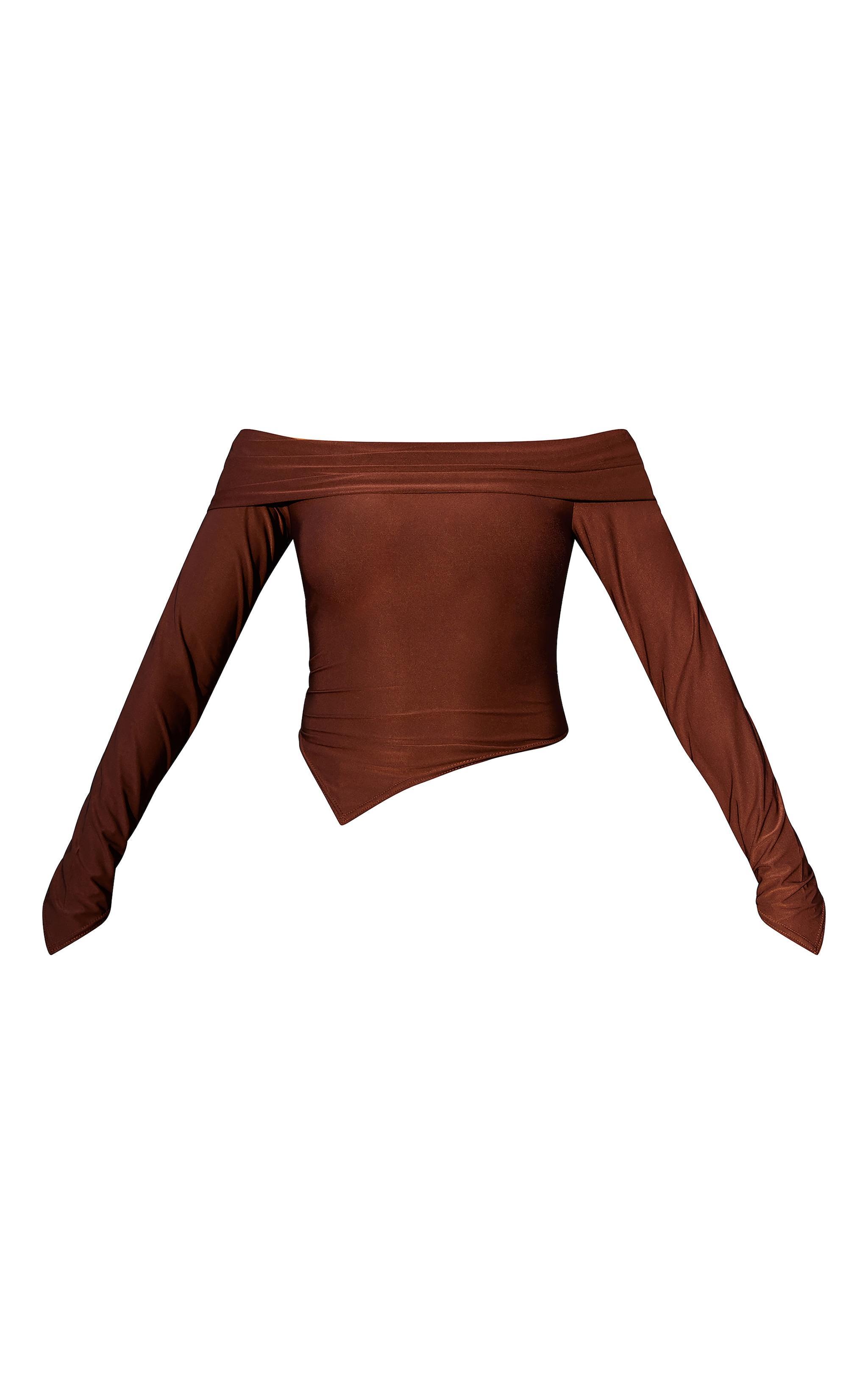  Chocolate Slinky Bardot Asymmetric Long Top Product Image