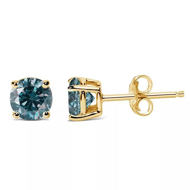 14K Yellow Gold 1.0 Cttw Round Brilliant Cut Lab Grown Blue Diamond 4-Prong Classic Solitaire Stud Earrings (Blue Color, VVS2-VS1 Clarity) Product Image