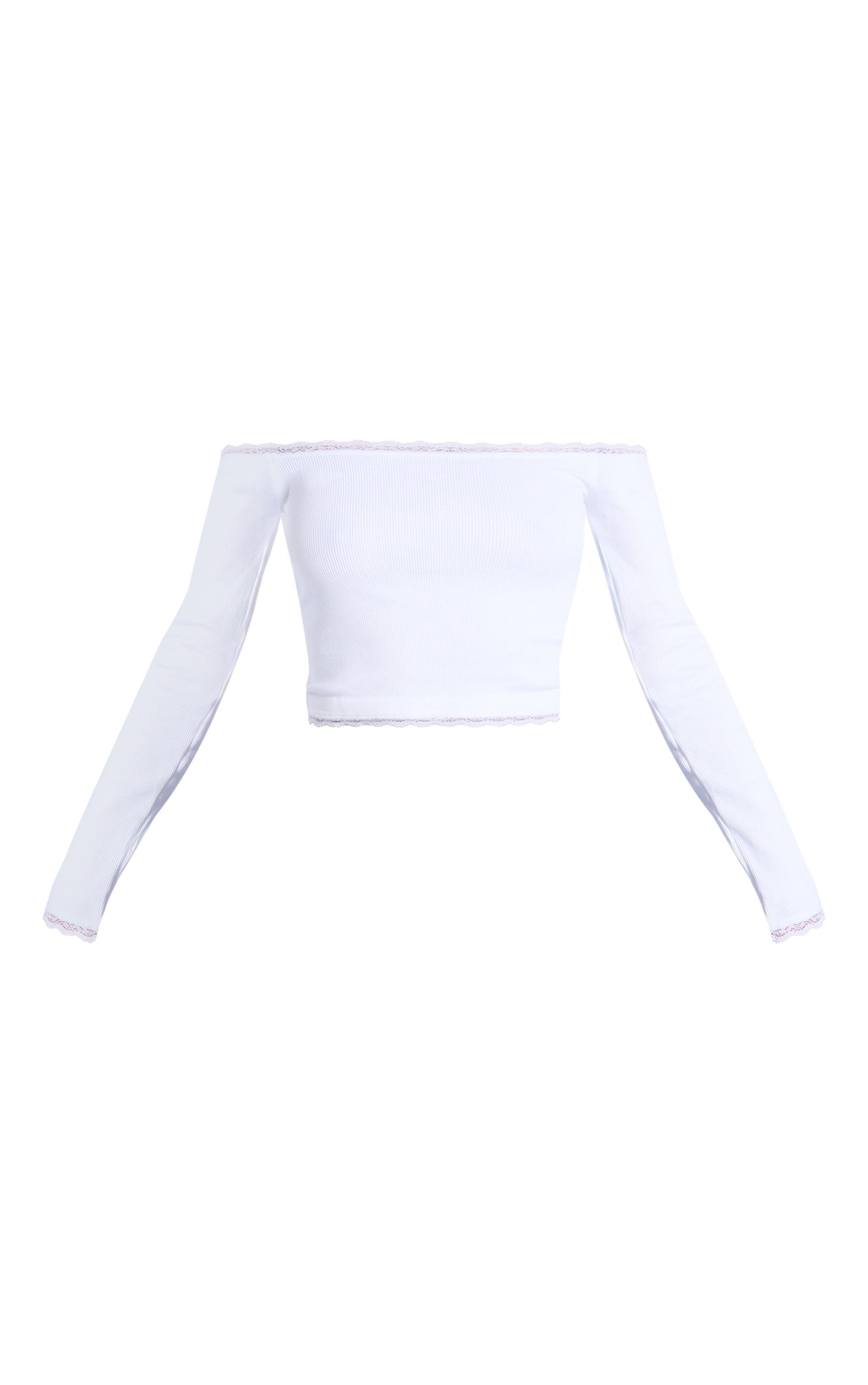 White Lace Trim Snatched Rib Bardot Long Sleeve Top Product Image