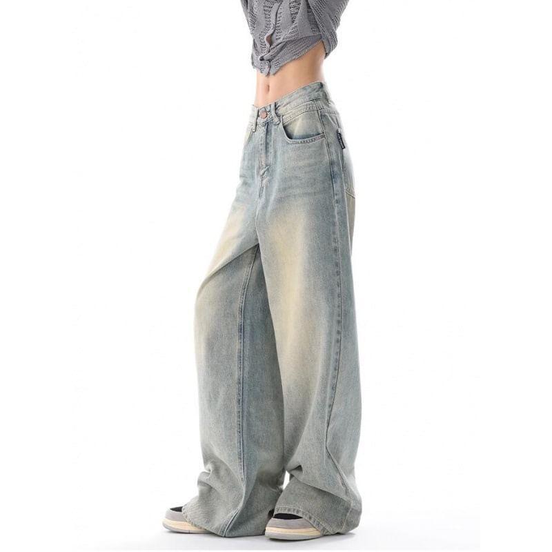 Low Waist Washed Loose-Fit Wide-Leg Jeans Product Image