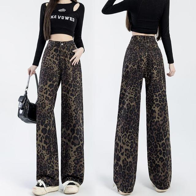 High Waist Leopard Print Wide Leg Jeans Product Image