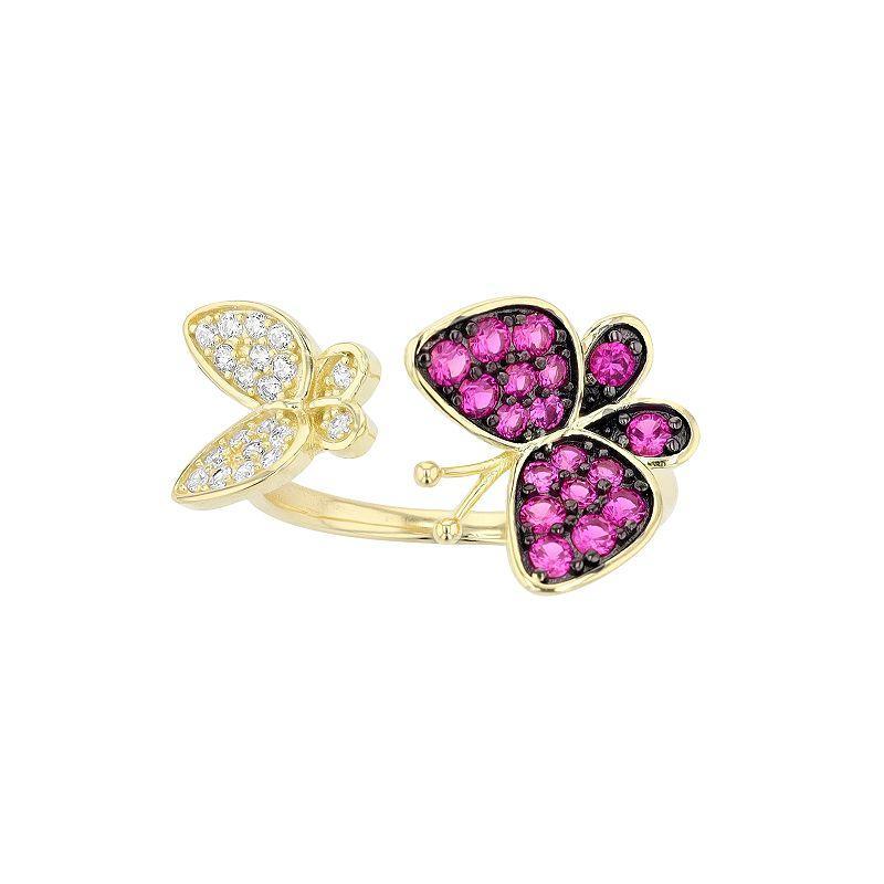 14k Gold Over Silver Red & White Cubic Zirconia Double Butterfly Stacking Ring, Womens Pink Tone Product Image