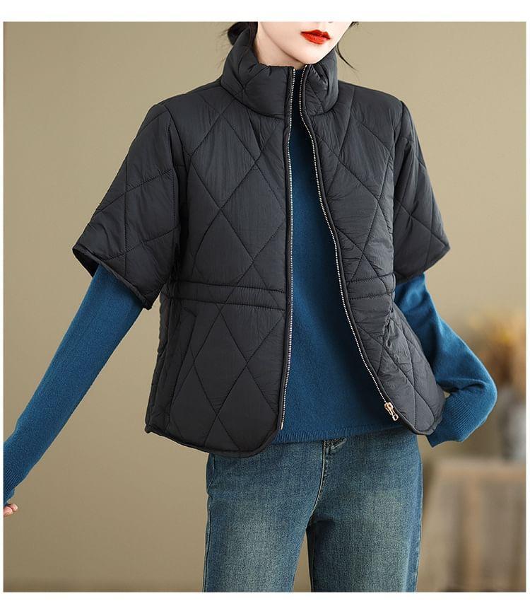 Short Sleeve Stand Collar Plain Quilted Drawstring Waist Zip Jacket Product Image