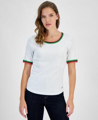 Nautica Jeans Womens Cotton Crochet-Trim Short-Sleeve T-Shirt Product Image