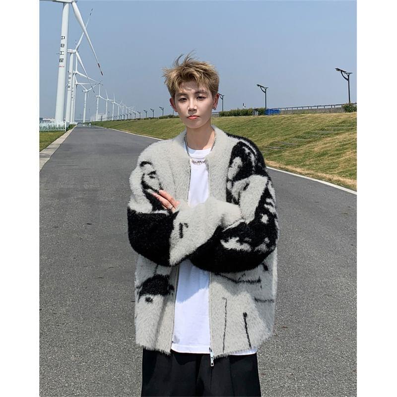 Crew Neck Graphic Print Oversized Zip Cardigan Product Image