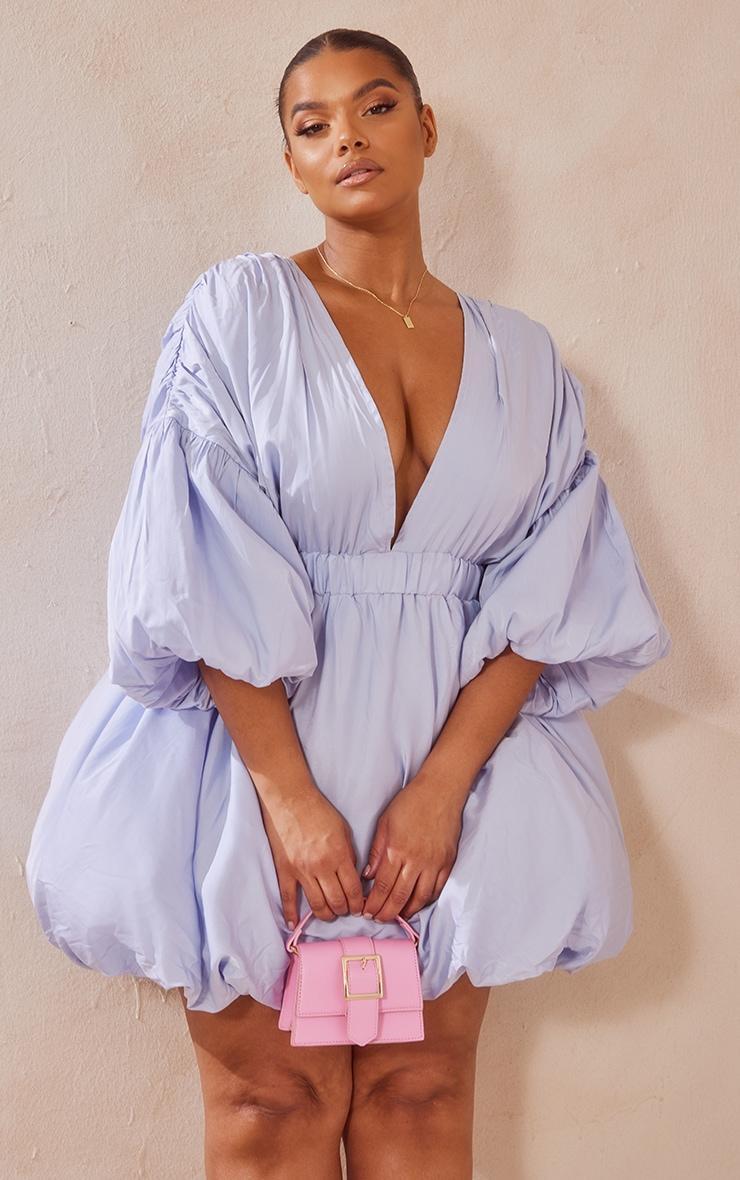 Plus Dusty Blue Puff Sleeve Puffball Hem Shift Dress Product Image