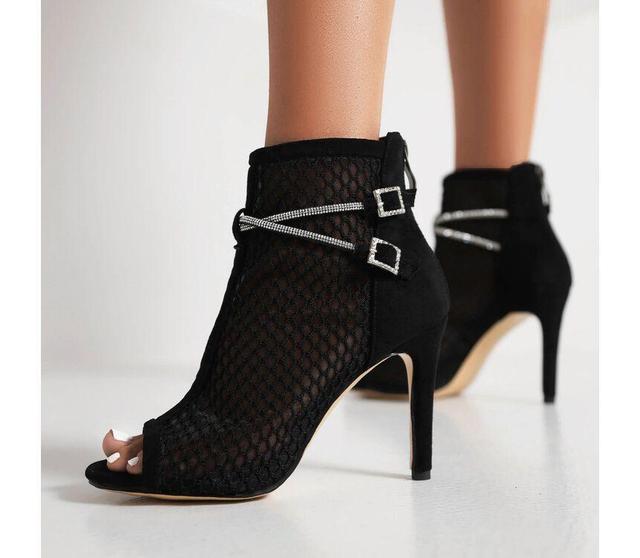 Open Toe Rhinestone Strap Mesh Stiletto Short Boots Product Image