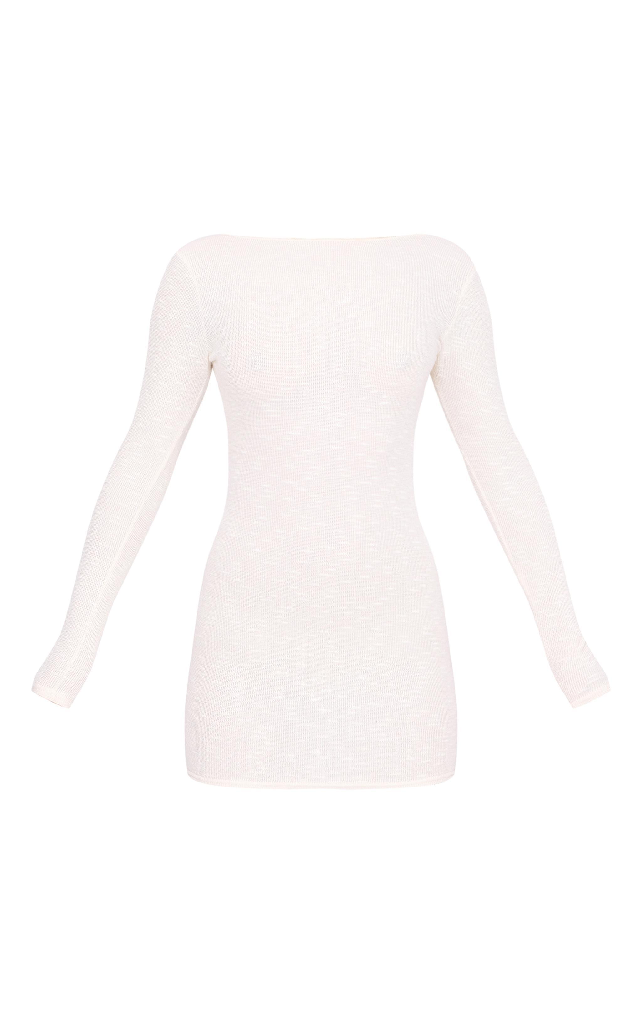 Cream Textured Scoop Back Long Sleeve Bodycon Dress Product Image