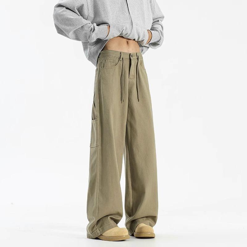 Mid Rise Letter Embroidered Wide Leg Jeans Product Image