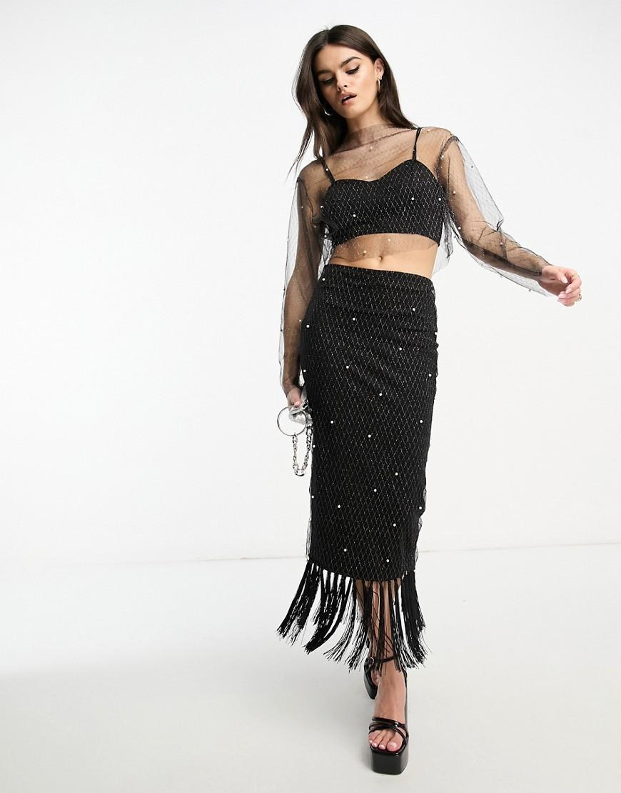 Extro & Vert Premium maxi skirt with pearl embellished layer & fringe Product Image