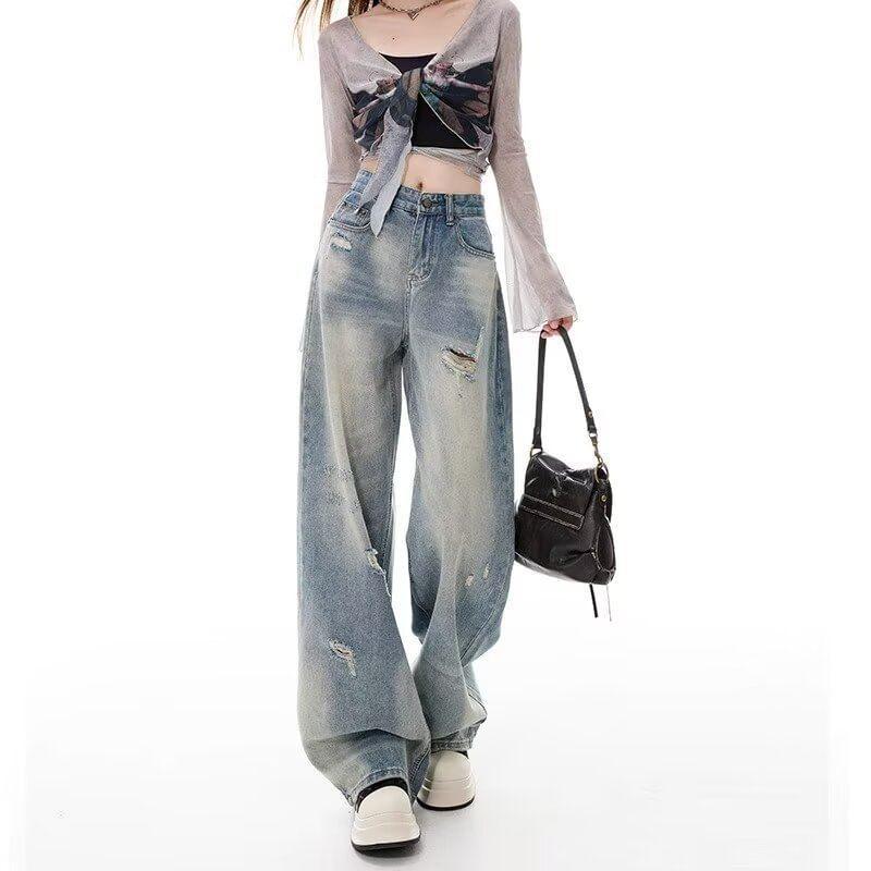 High Waist Distressed Washed Wide Leg Jeans Product Image