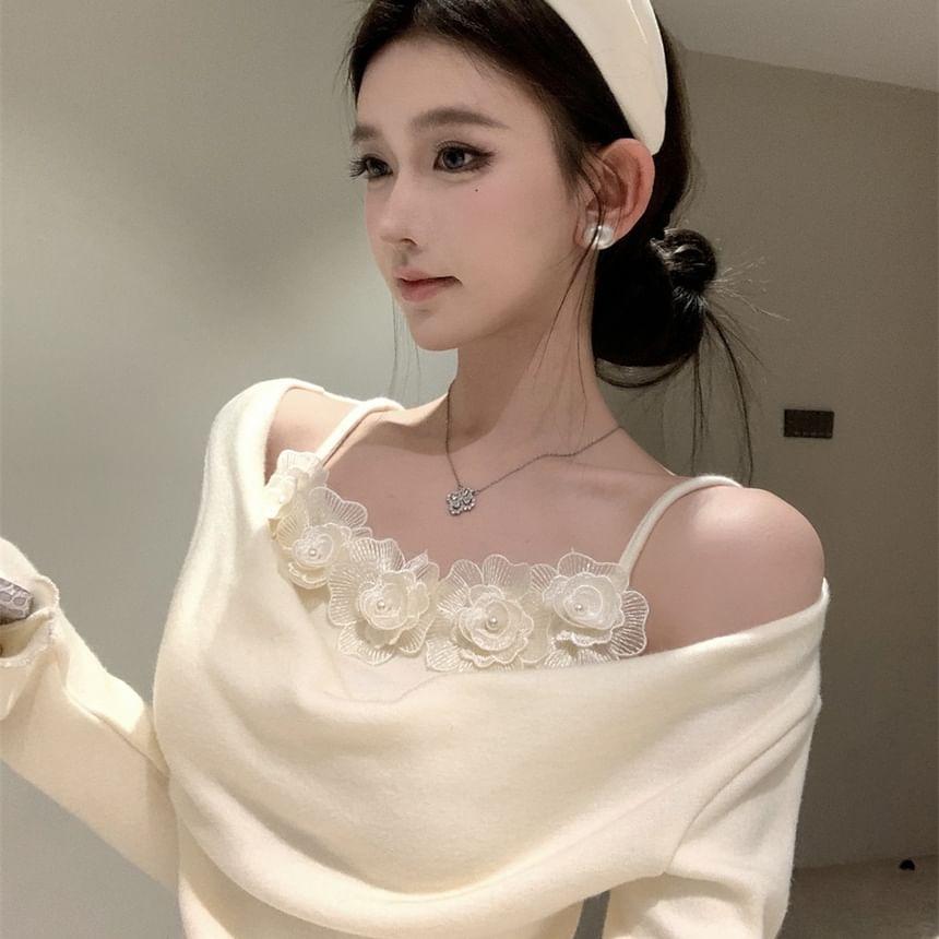 Long-Sleeve Off-Shoulder Plain Lettuce Edge Knit Top Product Image