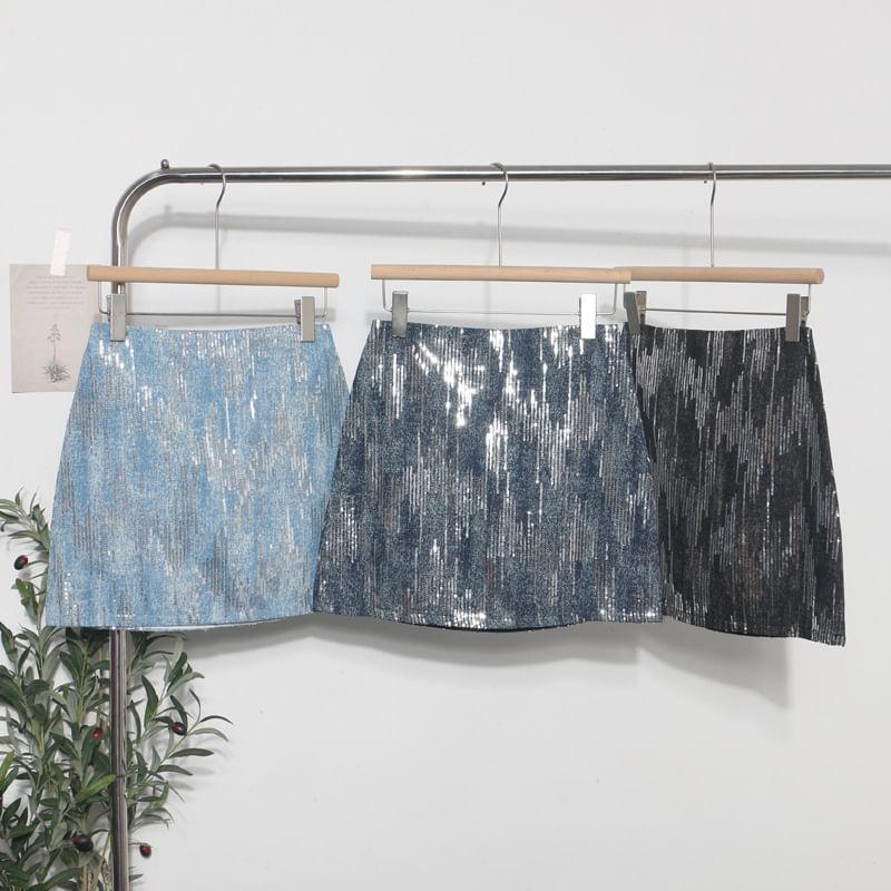 Mid Rise Sequin Mini A-Line Skirt Product Image