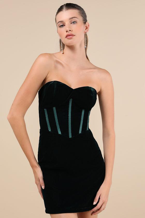 Poised Favorite Emerald Velvet Bustier Strapless Mini Dress Product Image