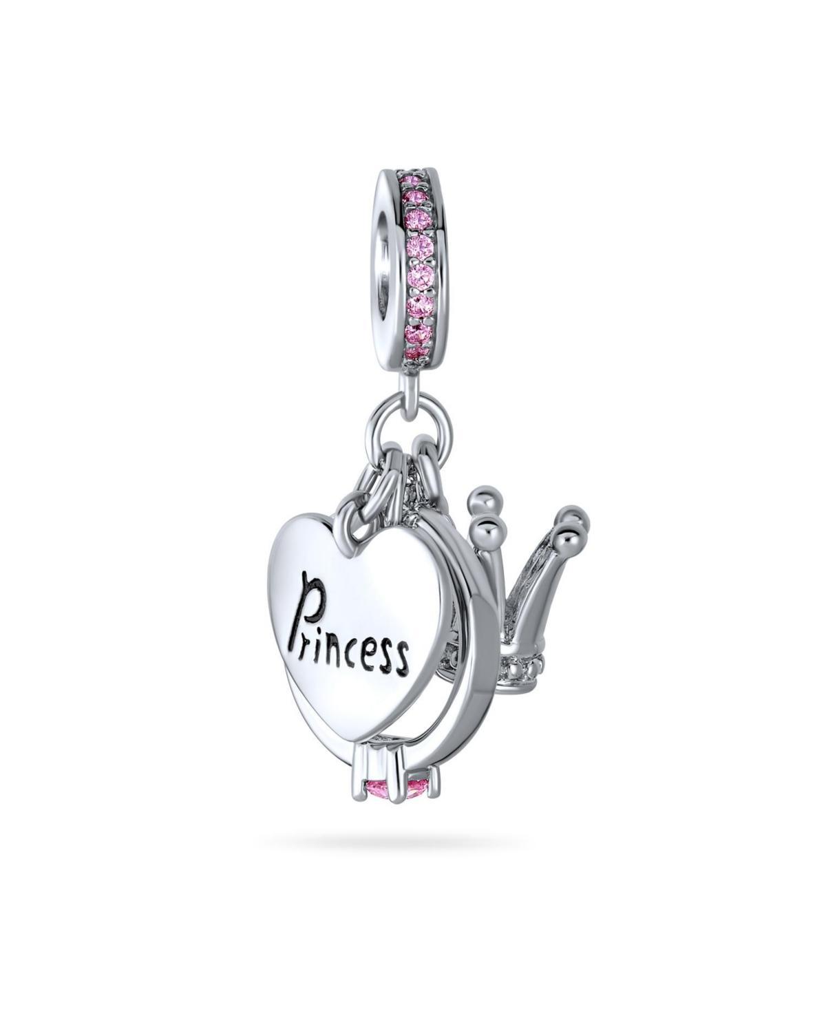 Bling Jewelry Princess Heart Crown Ring Pink Crystal Bail 3 Dangle Charm Bead For Women Sterling Silver Fits European Bracelet Product Image