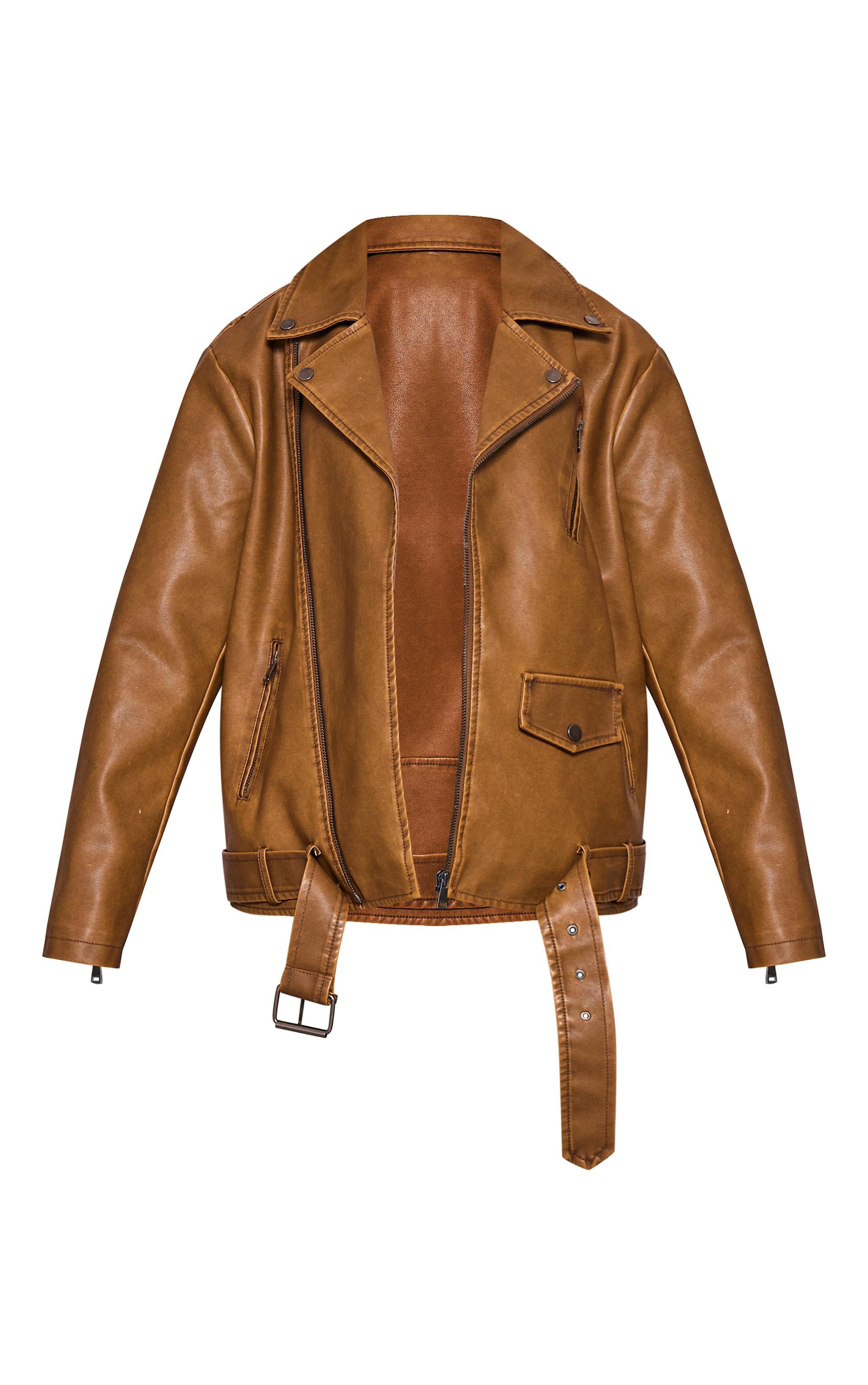 Petite Washed Brown Distressed Look Faux Leather Longline Biker Jacket Product Image