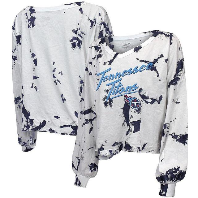 Womens Majestic Threads /Navy Tennessee Titans Off-Shoulder Tie-Dye V-Neck Long Sleeve T-Shirt Product Image