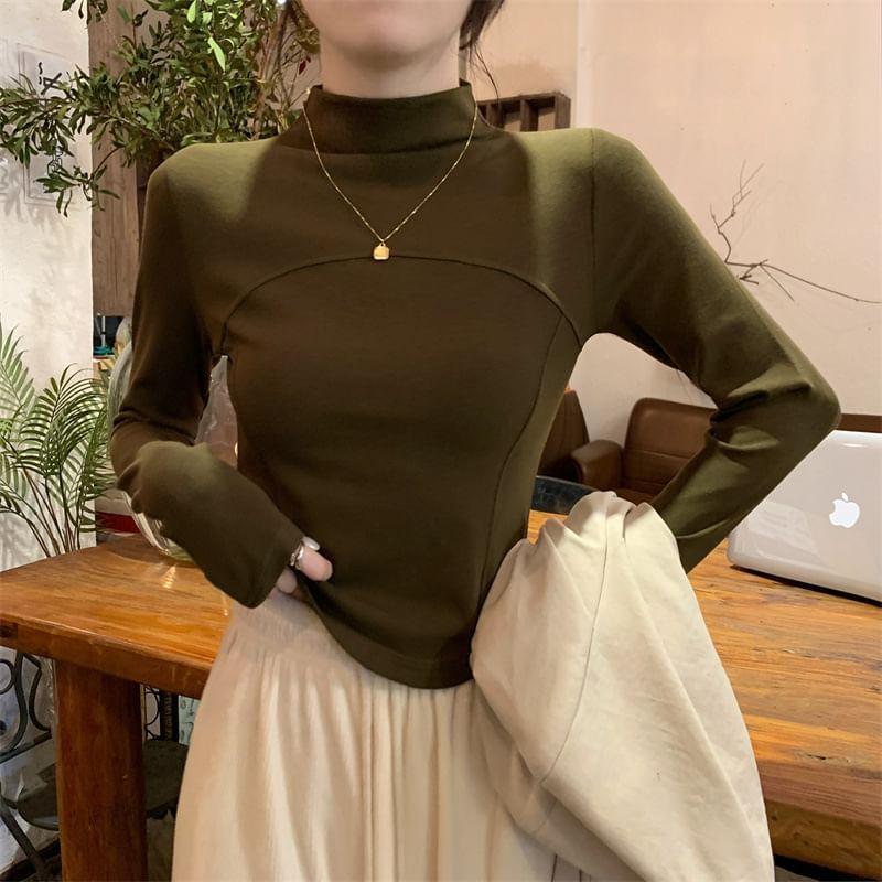 Long-Sleeve Mock Neck Plain T-Shirt Product Image