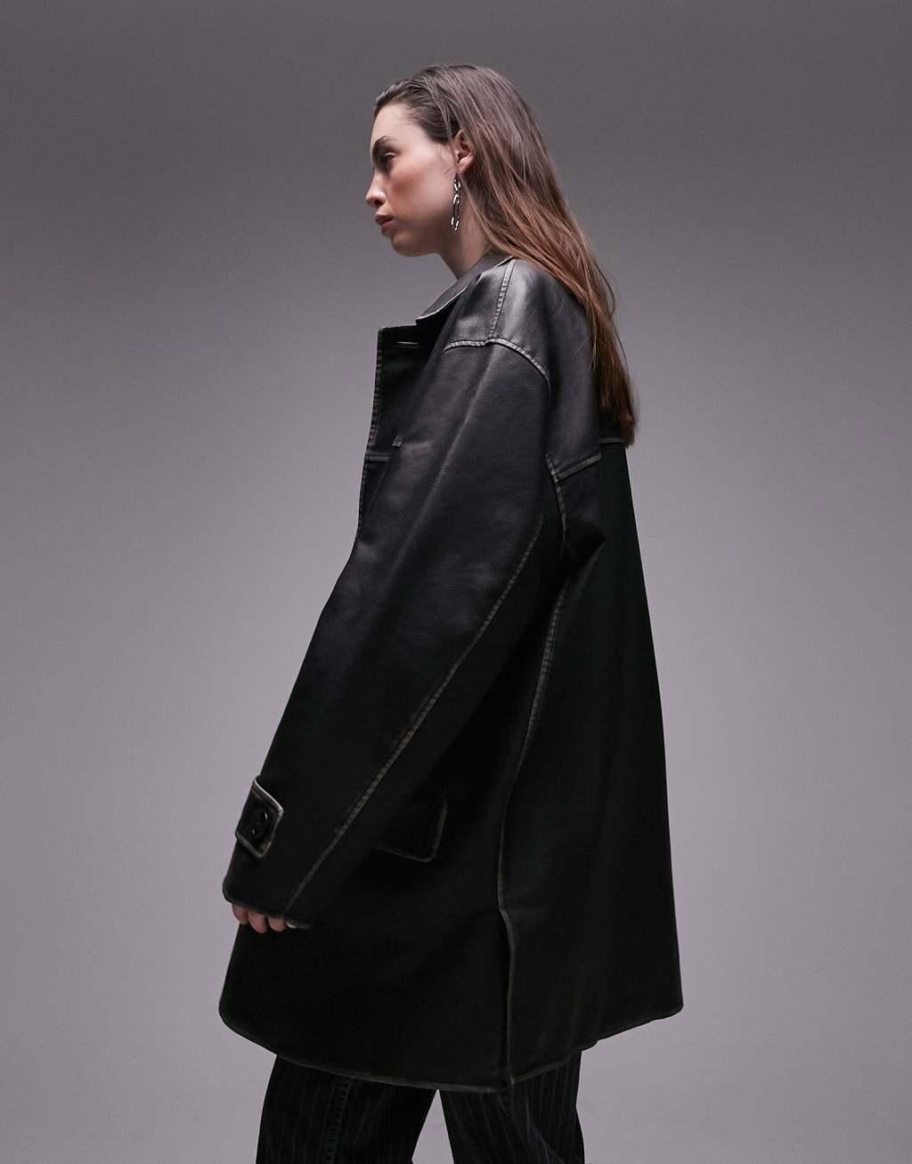 Topshop faux leather mid length coat in washed black Product Image