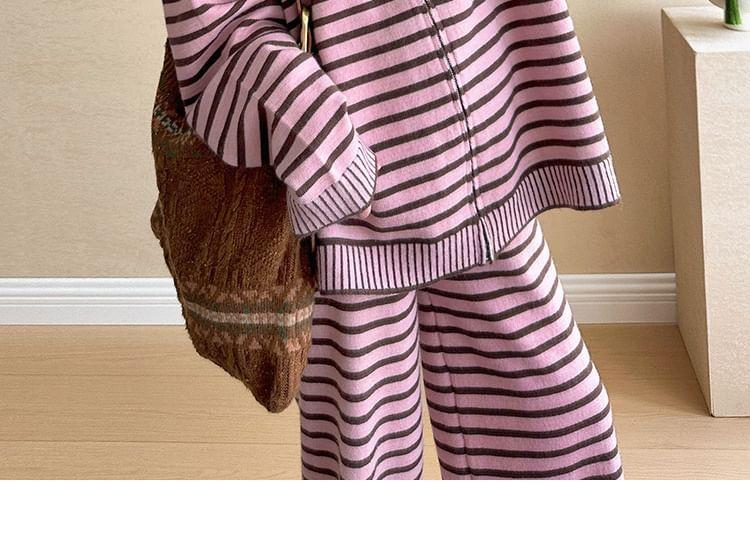 Maternity Set: Striped Zip-Up Knit Hoodie + High Rise Wide Leg Pants Product Image