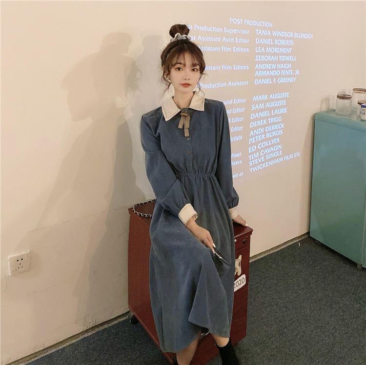 Long-Sleeve Plain Midi A-Line Shirt Dress Product Image