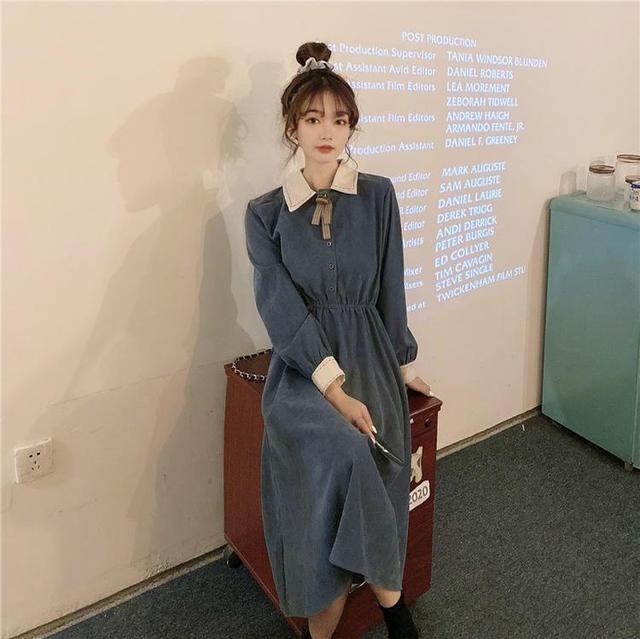 Long-Sleeve Plain Midi A-Line Shirt Dress Product Image