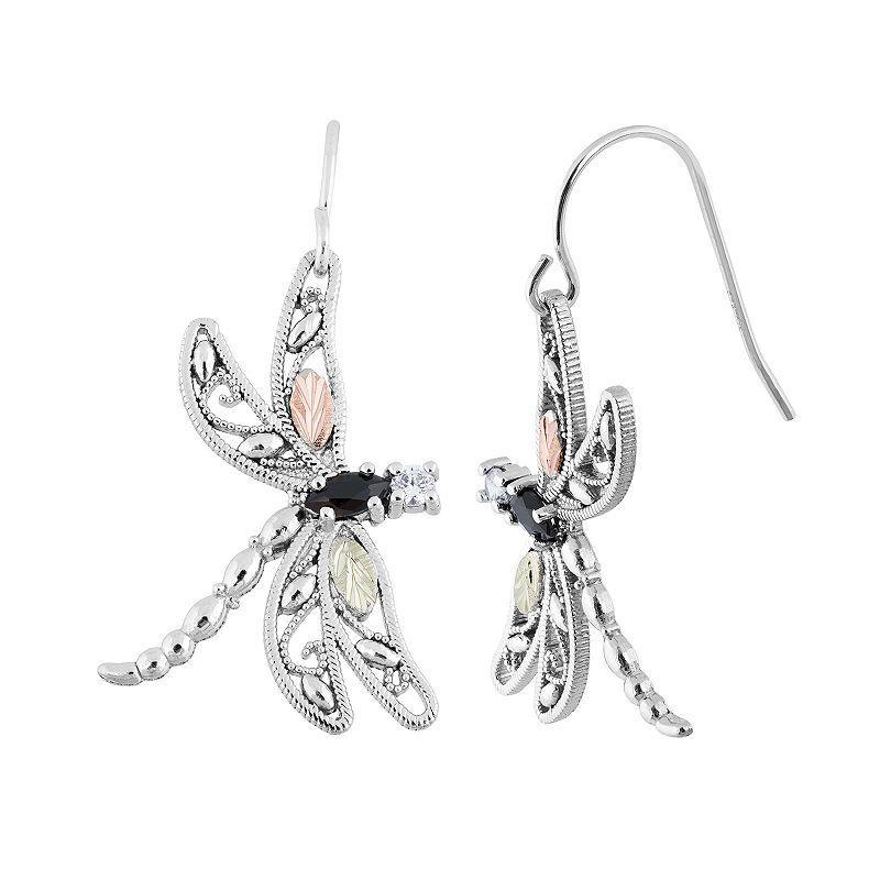 Black Hills Gold Tri-Tone Onyx & Cubic Zirconia Dragonfly Drop Earrings in Sterling Silver, Womens Product Image