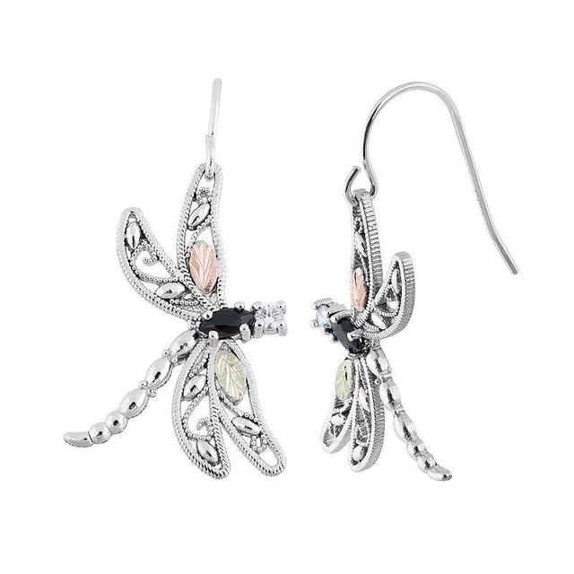 Black Hills Gold Tri-Tone Onyx & Cubic Zirconia Dragonfly Drop Earrings in Sterling Silver, Womens Product Image