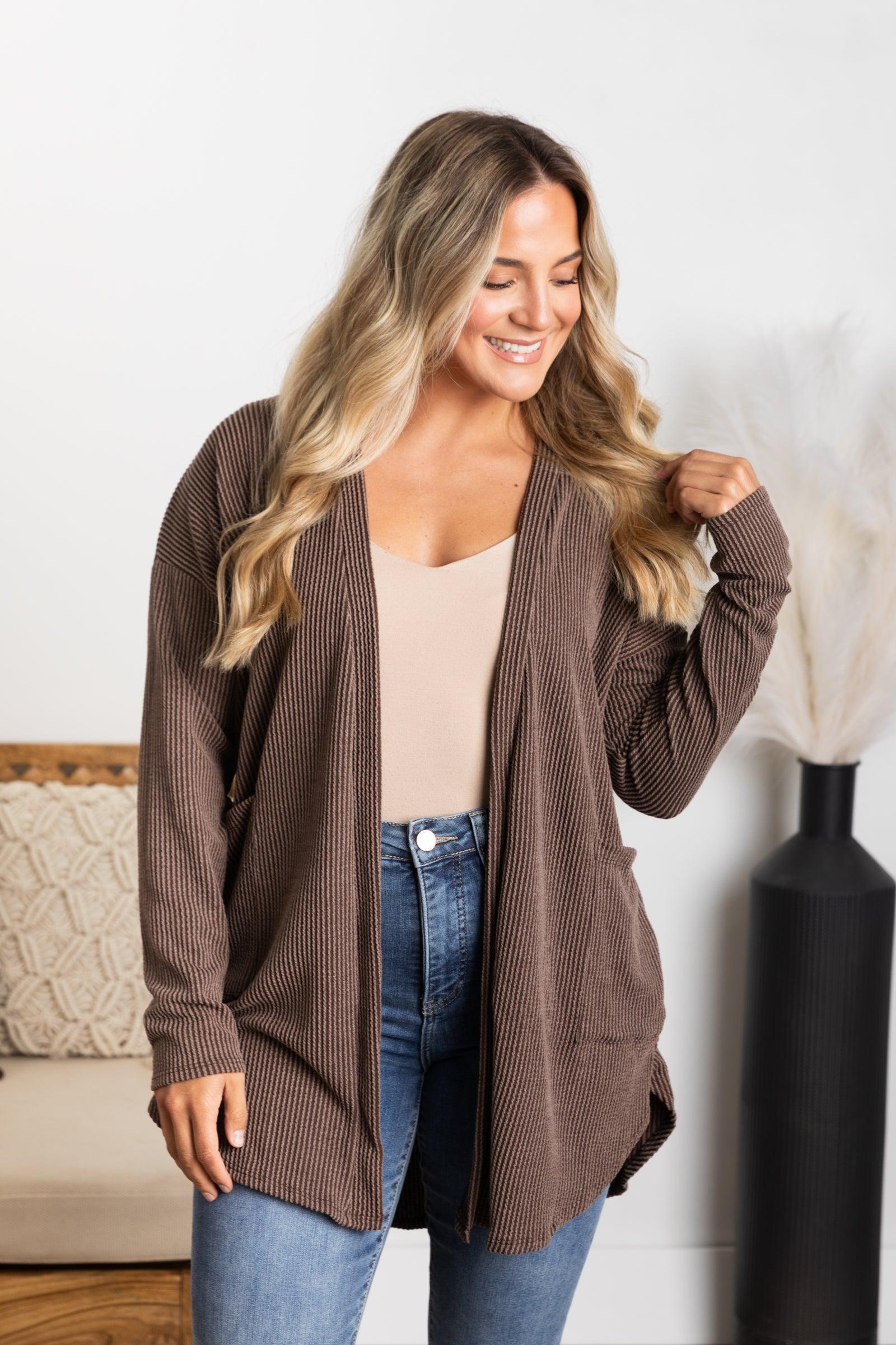 Solid Ribbed Cardigan With Pockets Product Image