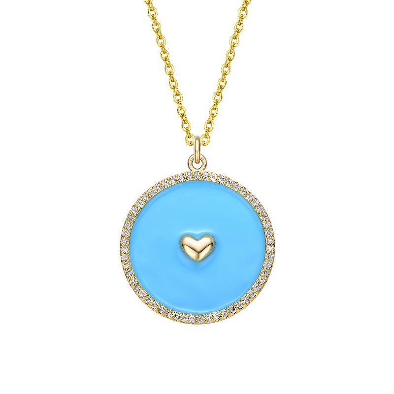 14k Gold Plated Cubic Zirconia Enameled Heart Medallion Pendant Necklace, Womens Gold Tone Blue Product Image