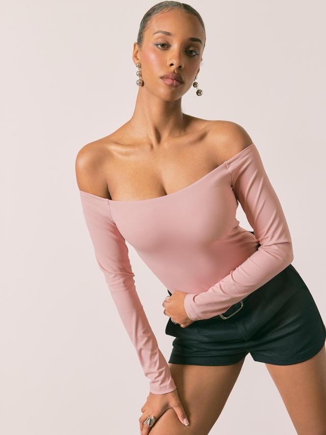 Contour Double Layered Off-shoulder Solid Long Sleeve Bodysuit Product Image