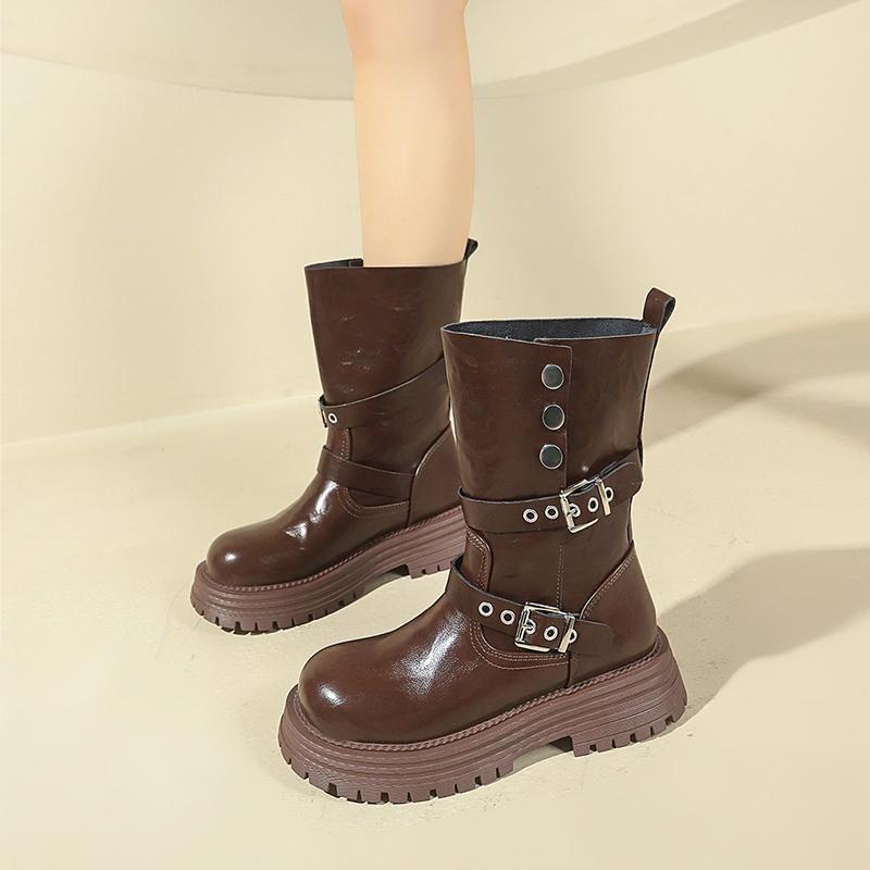 Platform Plain Buckled Mid Calf Boots Product Image