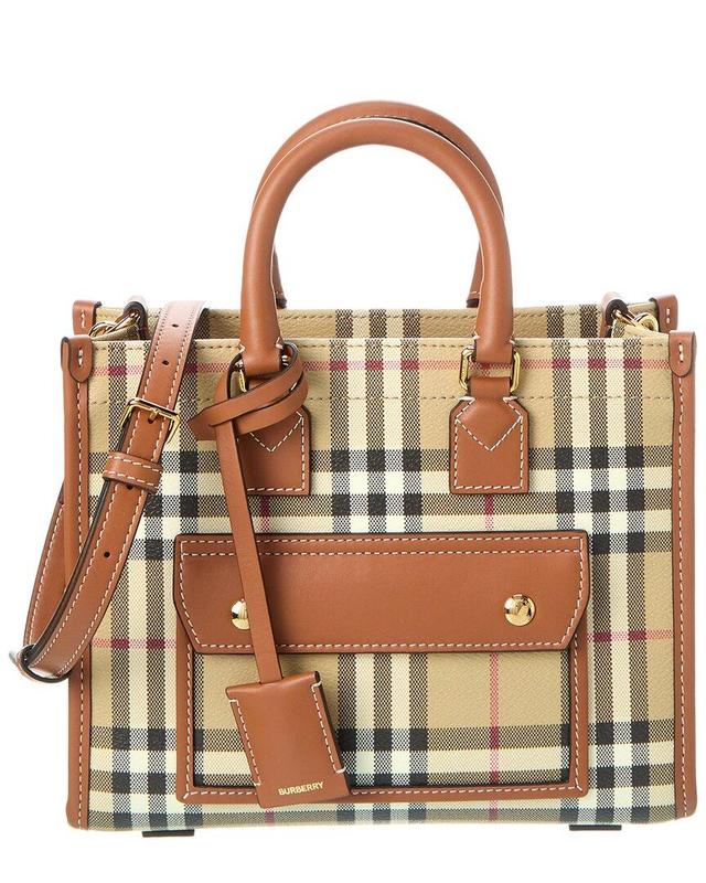 BURBERRY Freya Mini Check E-canvas & Leather Tote In Beige Product Image