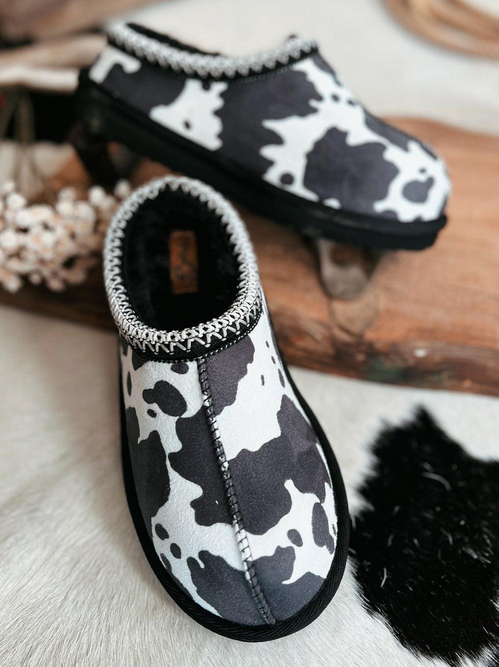 Very G Black Cow Sparks Fuzzy Slippers Product Image