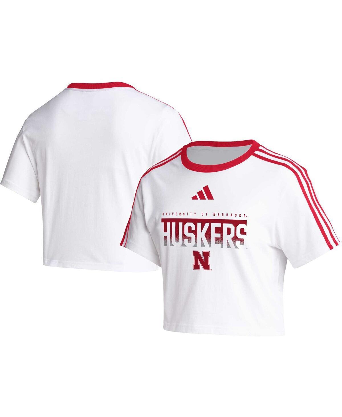 Womens adidas Nebraska Huskers Three-Stripes Cropped T-Shirt Product Image