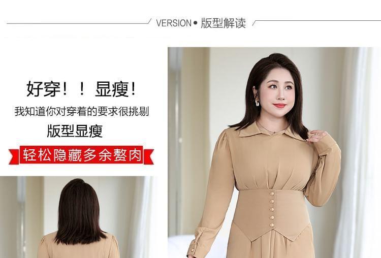 Plus Size Long-Sleeve Collar Plain Midi A-Line Dress product image