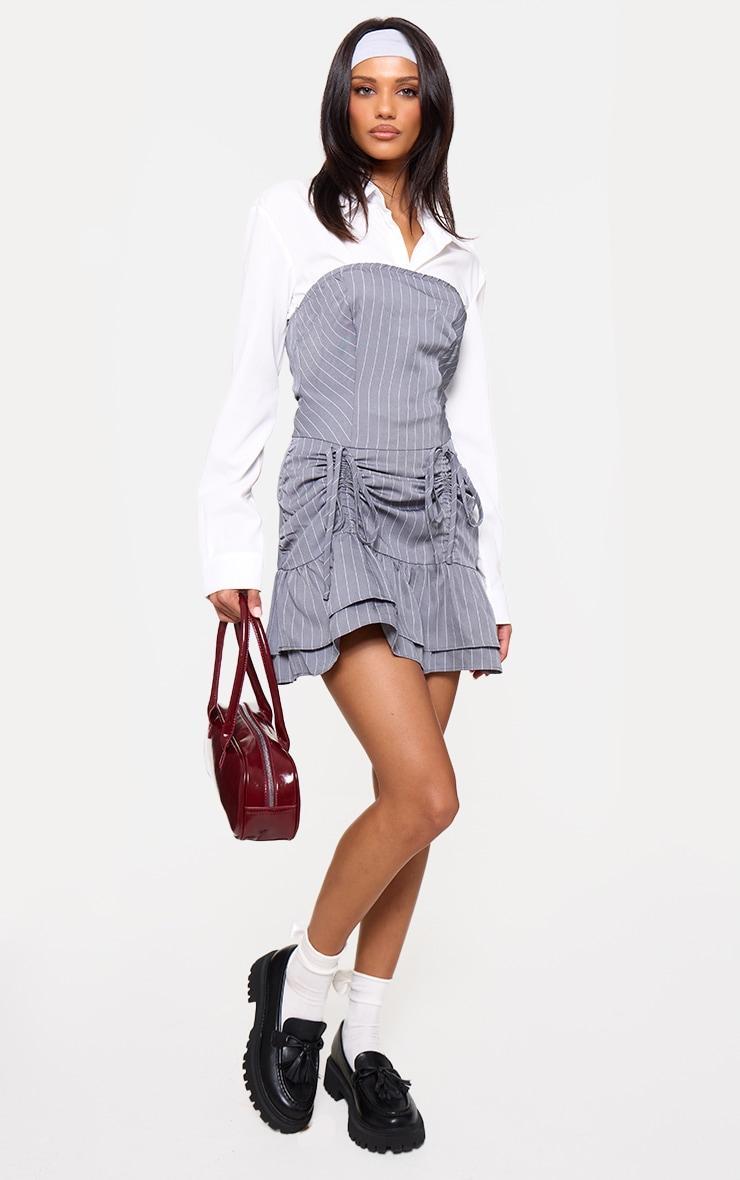 Grey Pinstripe Tailored Woven Ruched Tiered Shift Dress Product Image