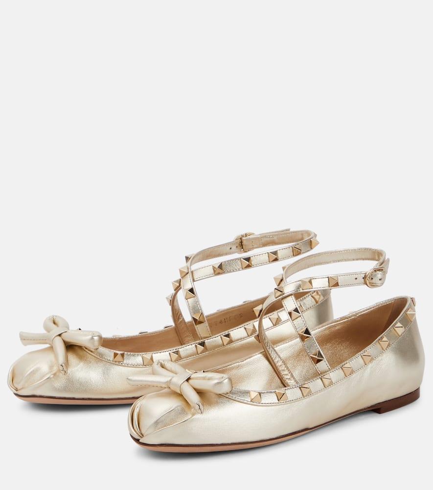 Rockstud Leather Ballerina Shoes In Silver Product Image